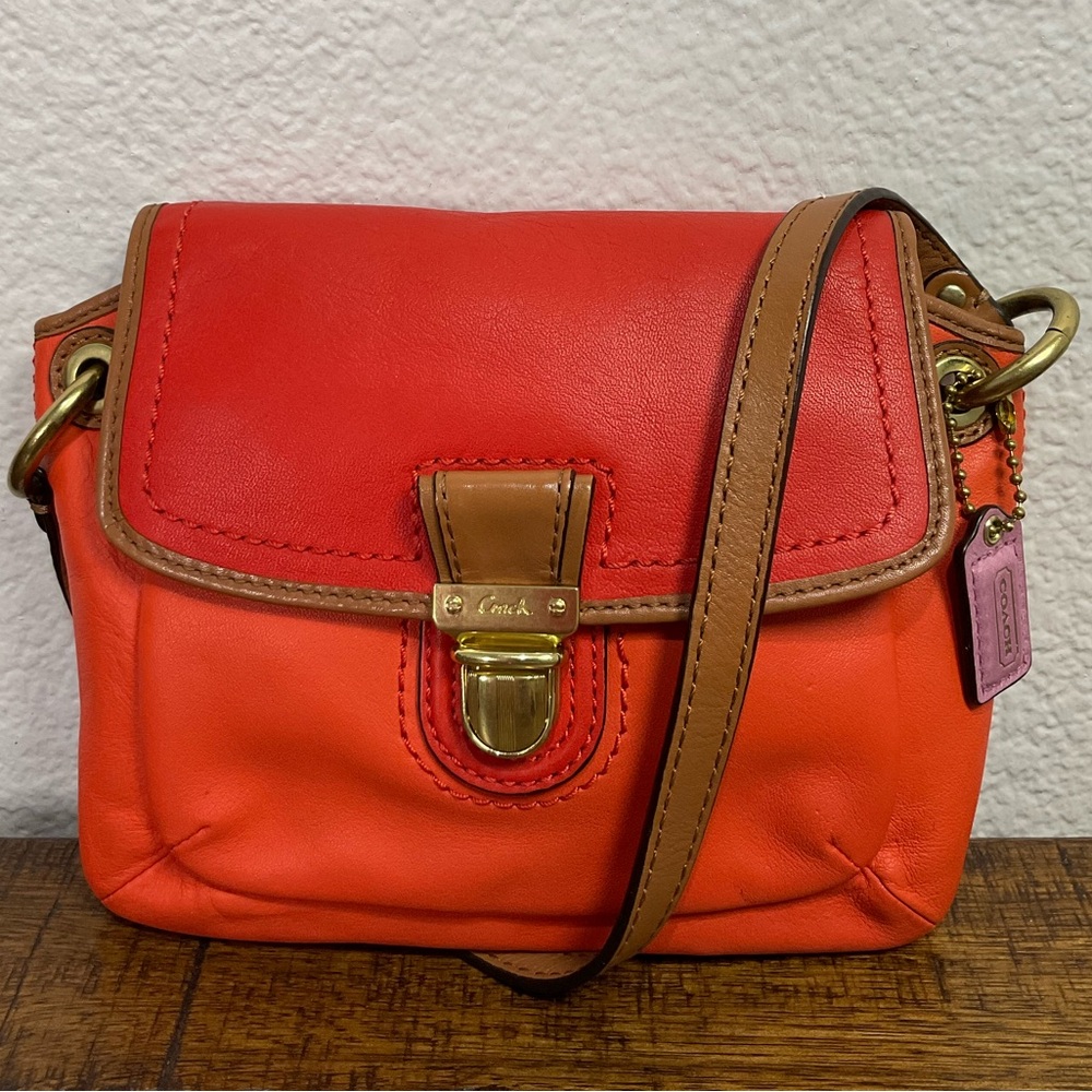 Coach POPPY Colorblock Leather Flap Crossbody Bag #48941 Two Shades Orange